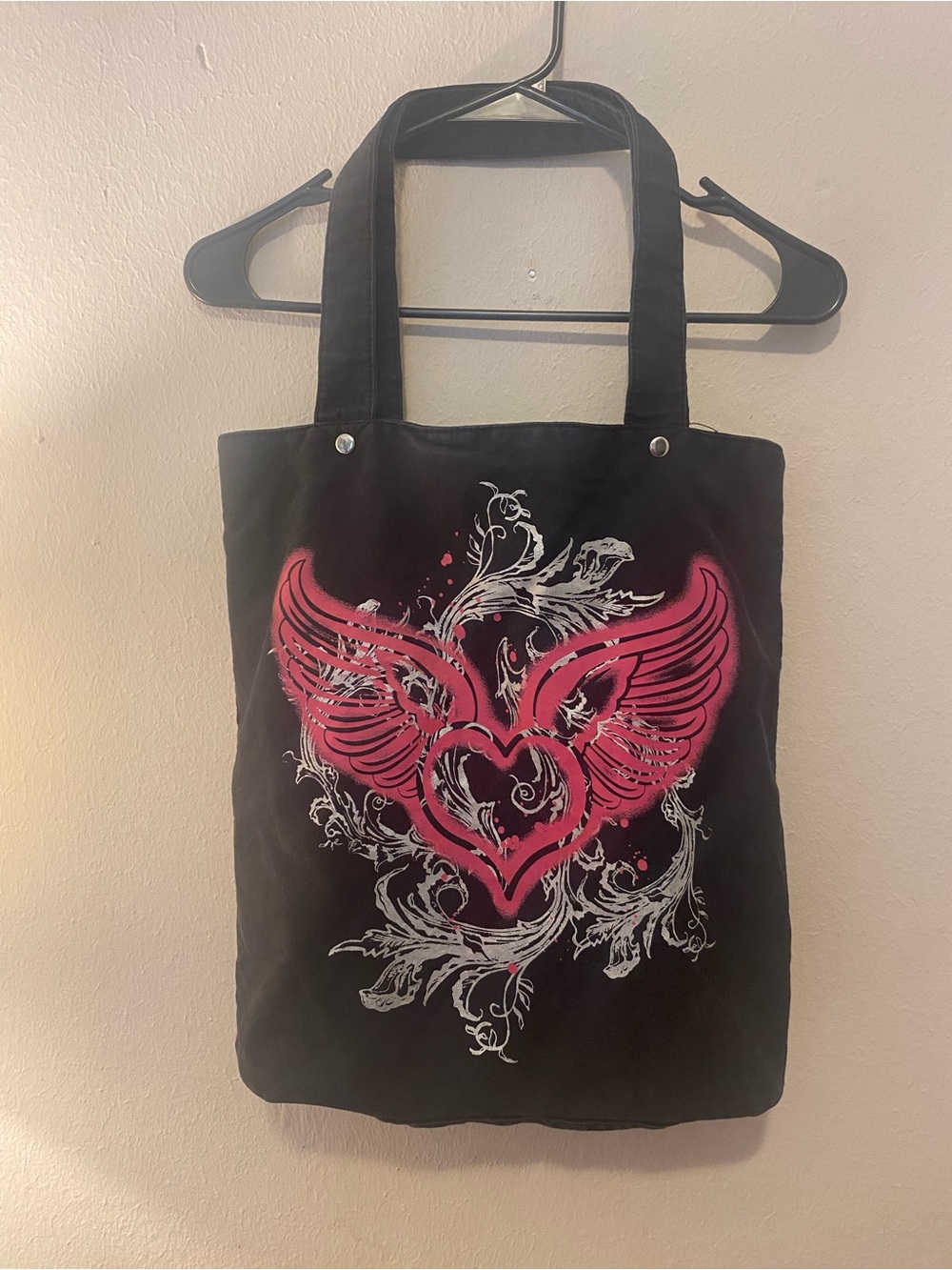 Y2K Cyber Black Tote Bag W Hot Pink Winged Heart Design